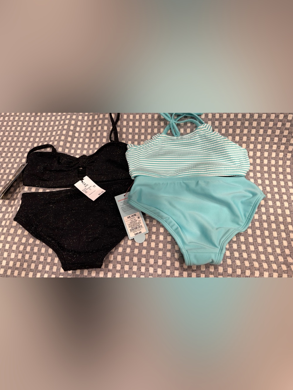 2-Pack Bikini XS girls in Aqua, Mint Stripe & Black Sparkle